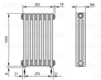 Схема (чертеж) Радиатор Zehnder Charleston 3100/7 №5310 Белый глянцевый RAL 9016